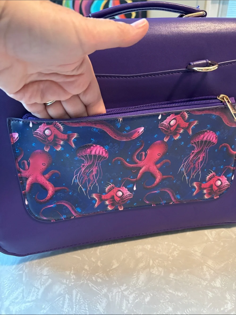 FUNKY SEA CREATURES book bag. Faux purple leather. Bright red and pink sea life.